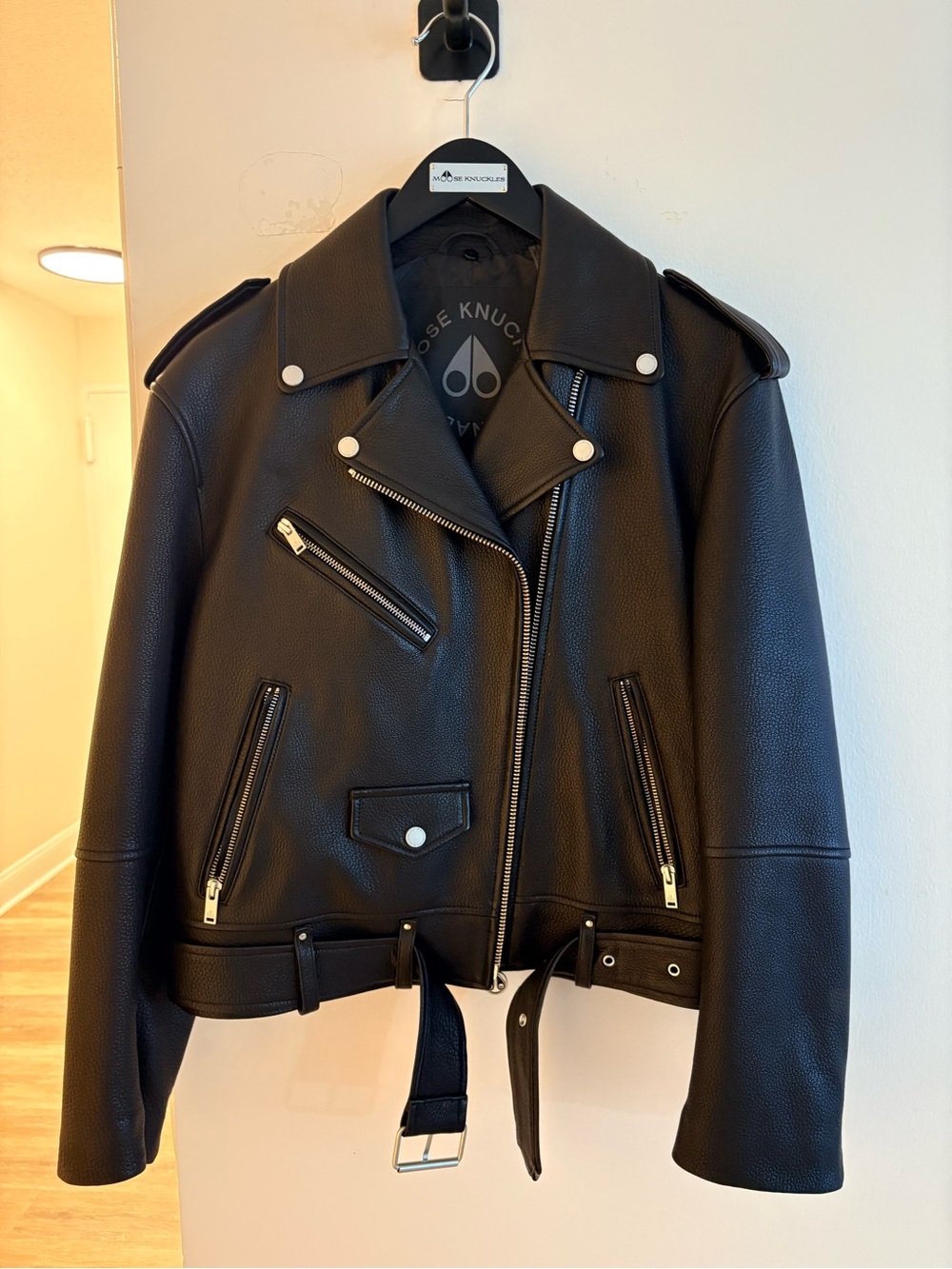 Moose Knuckles Black Leather Biker Jacket